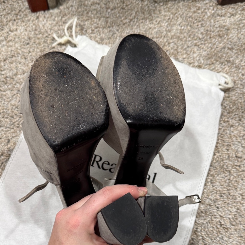YSL Saint Laurent Women's Grey Suede Paige Heeled Sandals - Picture 8 of 9